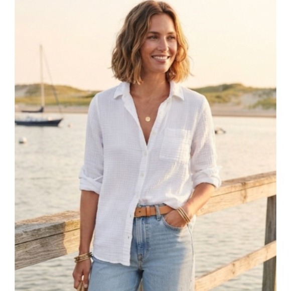 J.Crew Tops - J.Crew Womens White Double Gauze Cotton Short Sleeve Button Down Shirt Large